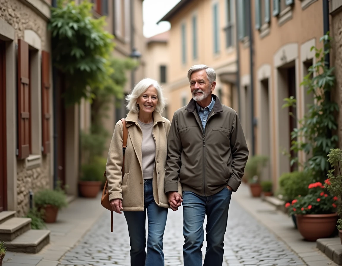 Couple se promenant dans une rue pavée d'un village français, illustrant la notion de vie privée partagée entre personnalités publiques loin des projecteurs