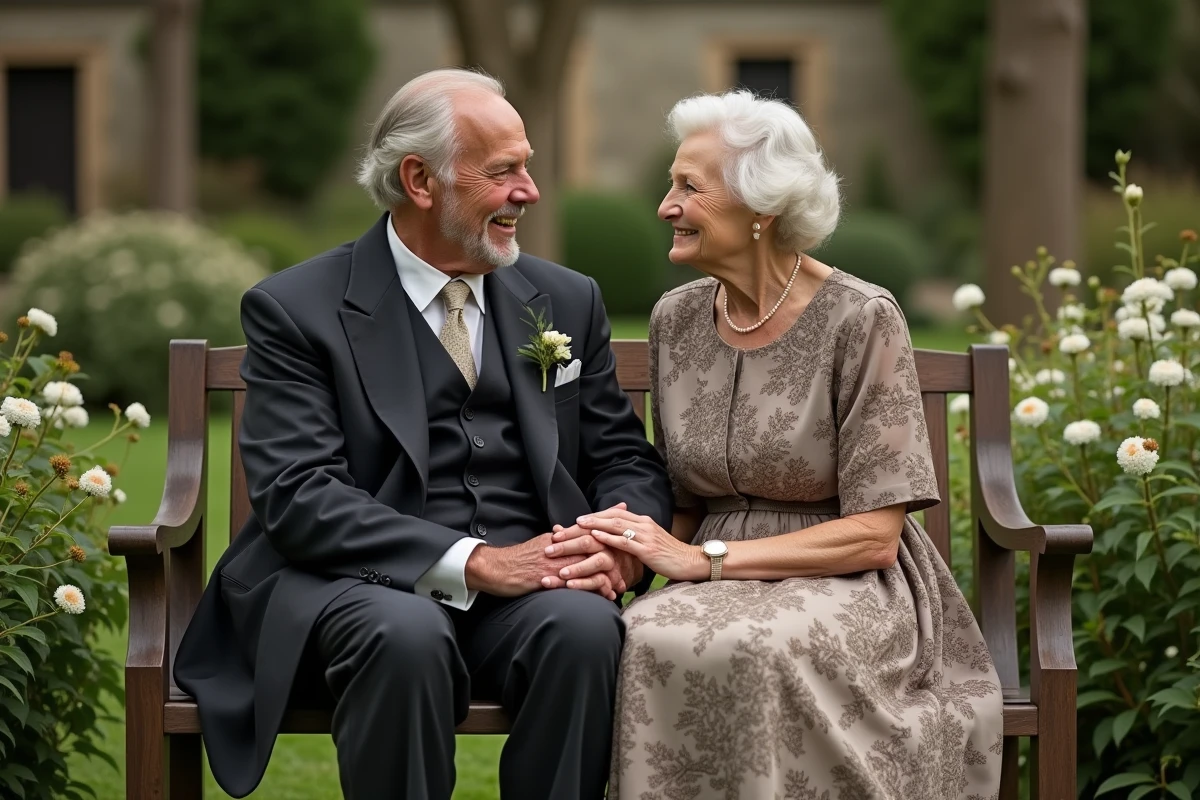 Couple âgé tenant la main dans un jardin fleuri