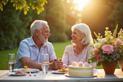 Couple âgé riant lors d'un pique-nique dans un jardin ensoleille