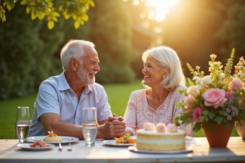 Couple âgé riant lors d'un pique-nique dans un jardin ensoleille