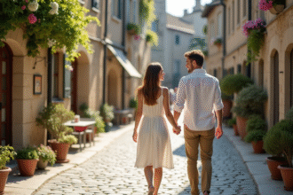 Couple en promenade dans un village européen charmant