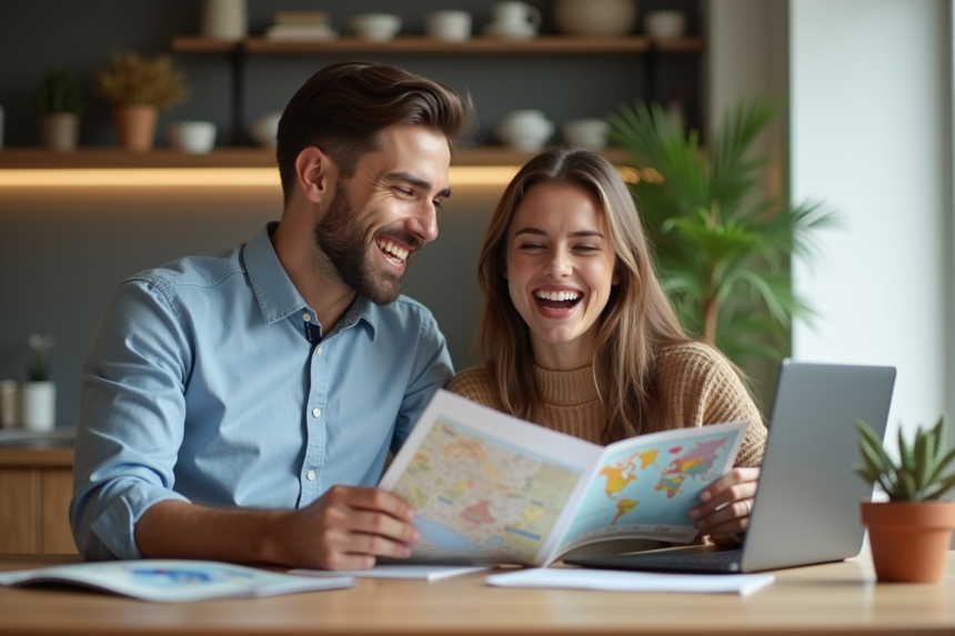 Jeune couple riant en regardant des brochures de voyage à la maison