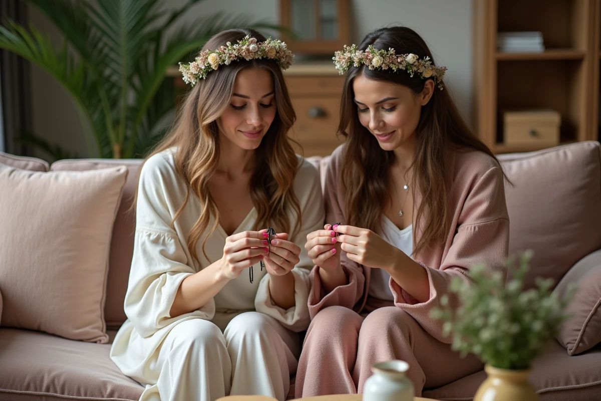 Deux femmes confectionnant des couronnes de fleurs séchées sur un canapé lors d'un atelier EVJF à la maison