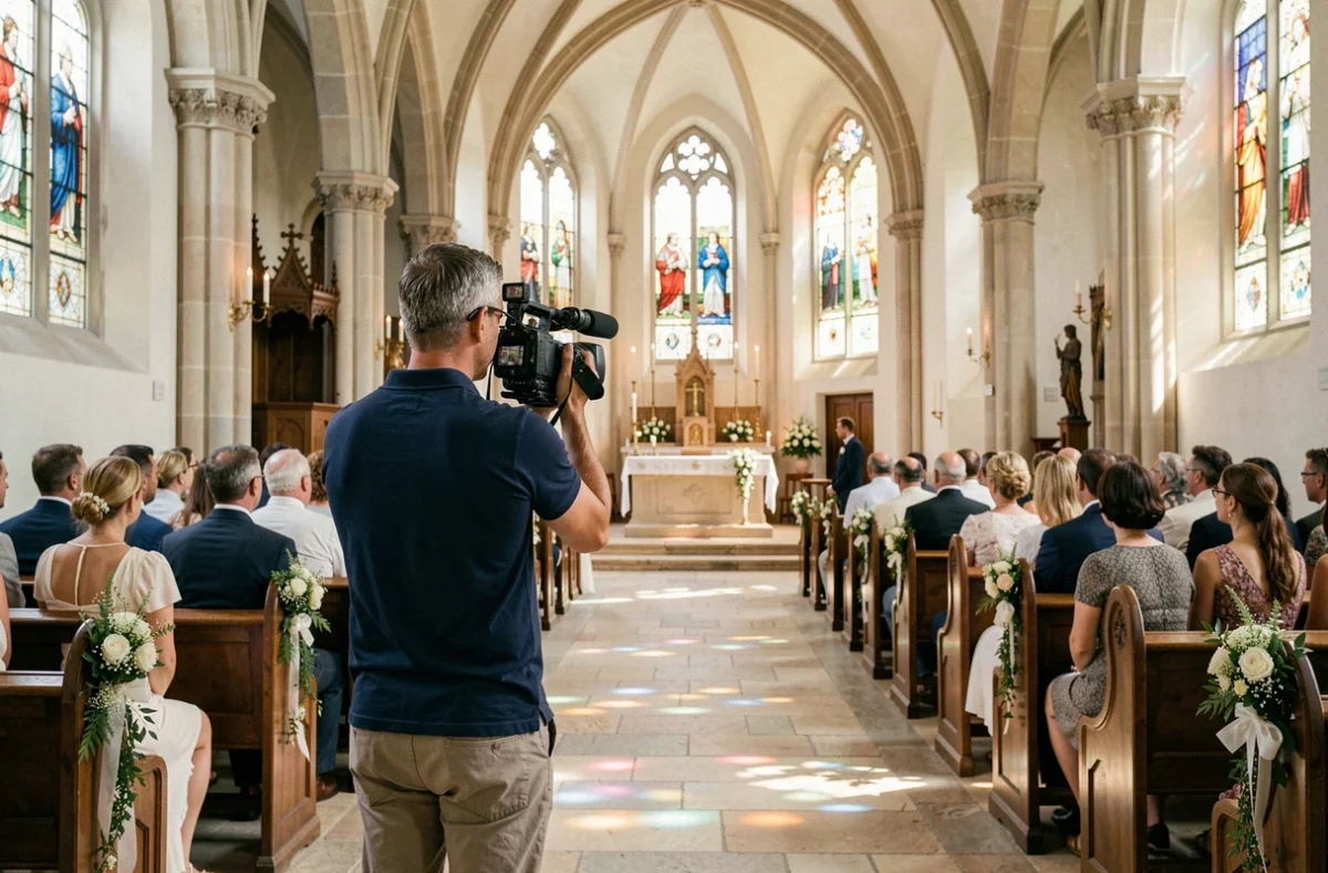 Cyril Armada réalisant un reportage vidéo de mariage dans une église en Nouvelle-Aquitaine