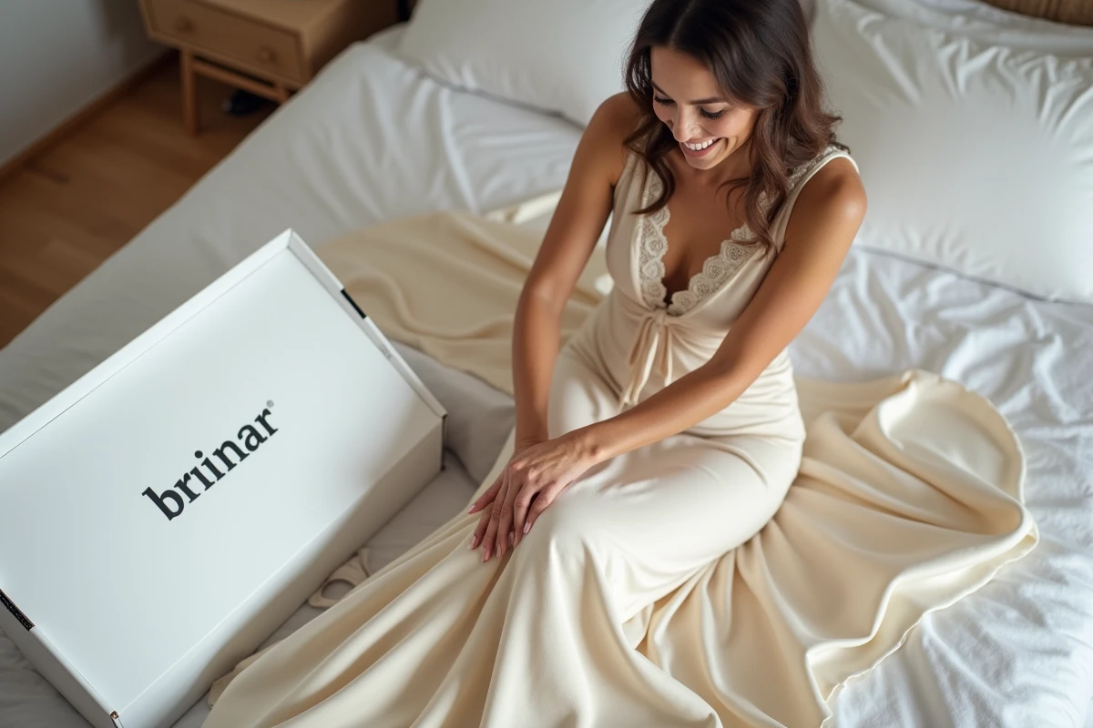 Femme déballant une longue robe de soirée commandée en ligne pour un mariage reçue en livraison