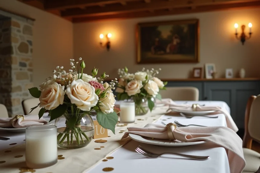 Table décorée pour un anniversaire de mariage de 17 ans en petit comité avec roses ivoire, confettis dorés et bougeoirs élégants