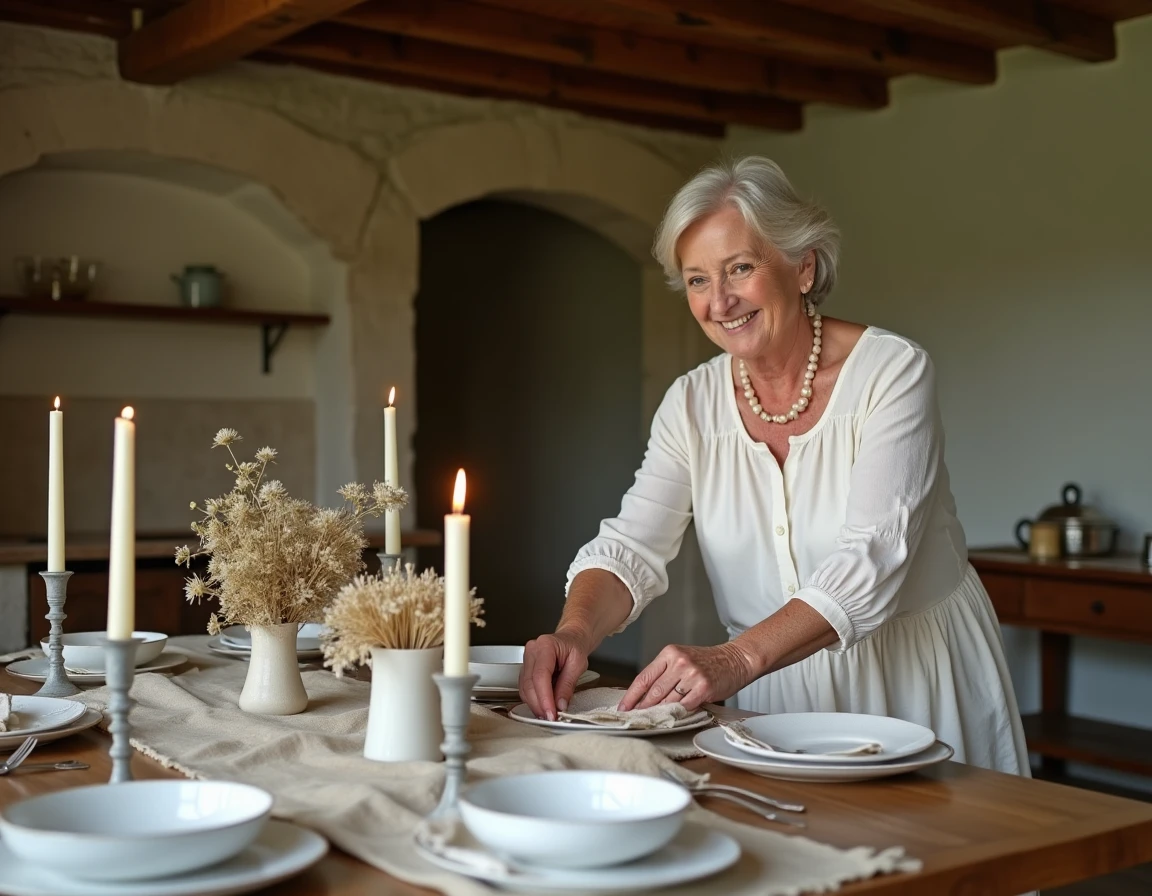 Femme décorant une table d'anniversaire avec un chemin de table en mousseline dans une cuisine de ferme française pour célébrer 36 ans de mariage