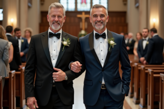 Homme en costume marine marche avec son fils dans une église