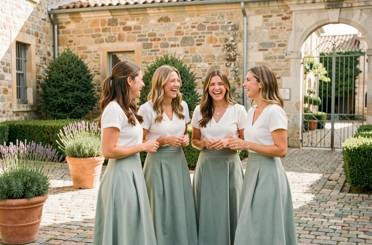 Demoiselles d'honneur en tenues pastel coordonnées dans la cour d'une mairie provençale avant le mariage civil