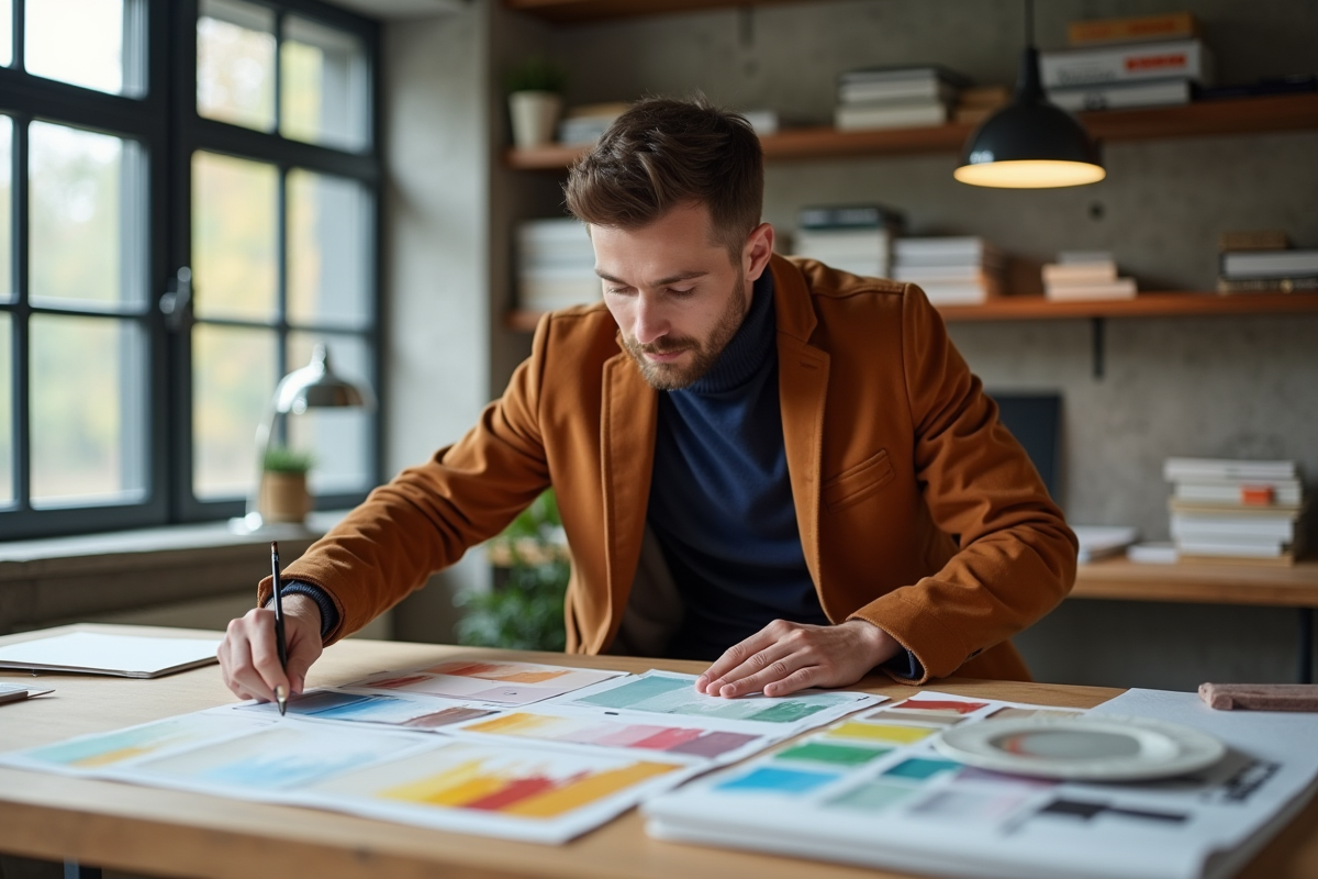Designer créatif en studio avec planches de couleurs