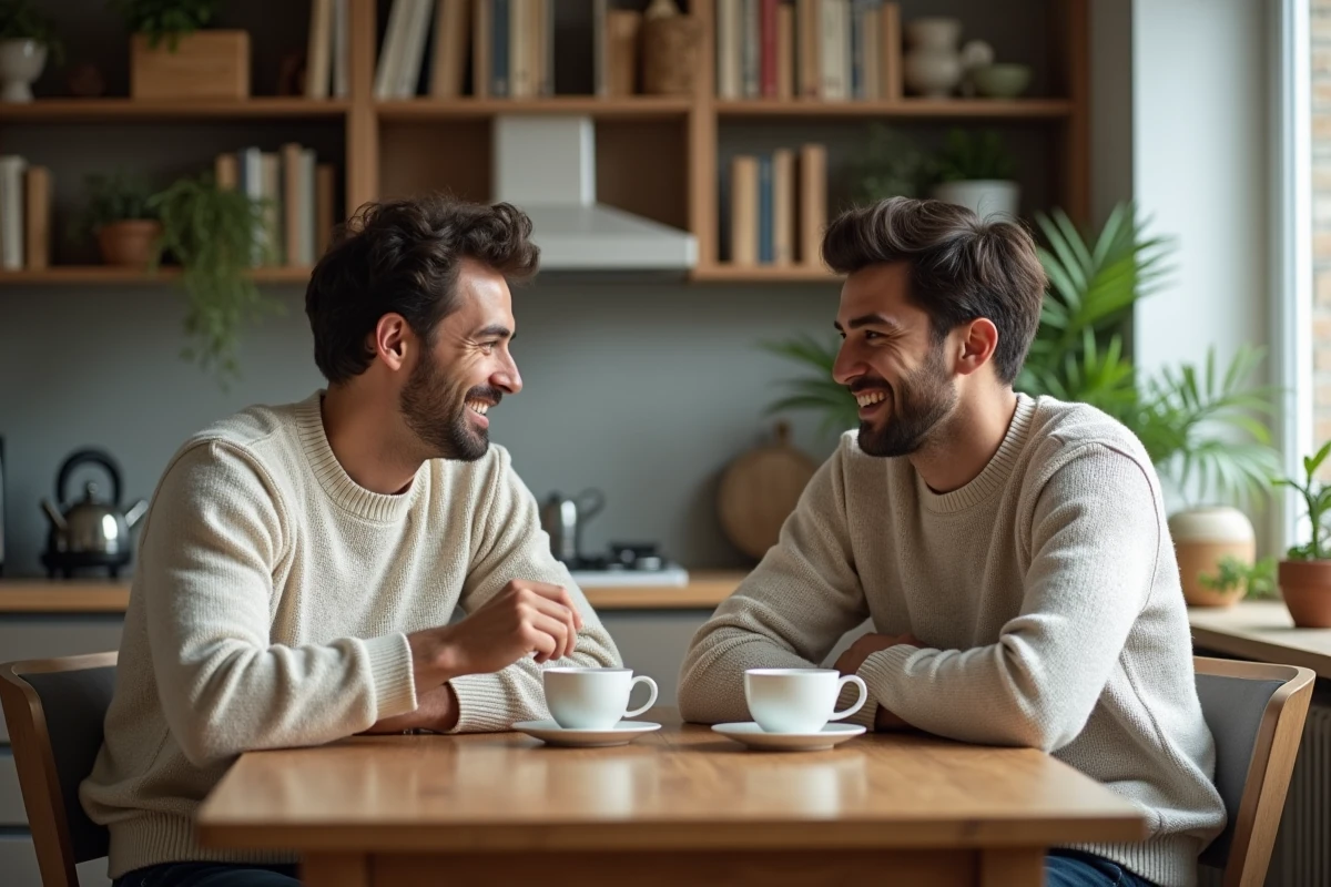 Deux hommes discutant autour d une tasse de thé dans la cuisine