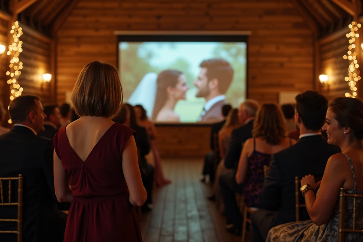 Invités émus regardant un diaporama photo projeté lors d'une cérémonie de mariage dans une grange rustique décorée de guirlandes lumineuses