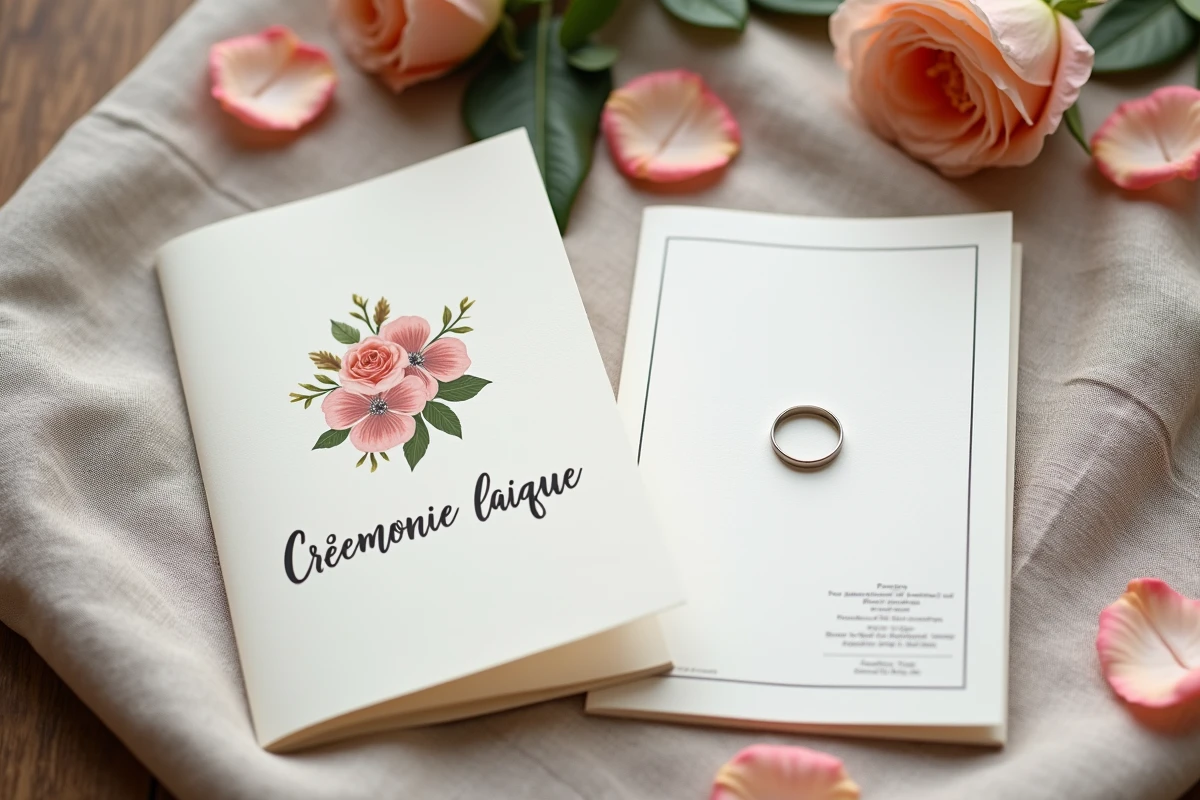 Livret de cérémonie laïque et document officiel de mariage civil posés côte à côte sur une table en lin, illustrant la différence entre les deux cérémonies