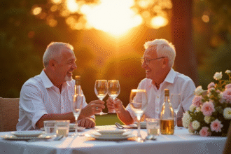 Repas d'anniversaire de 28 ans en plein air avec couple souriant
