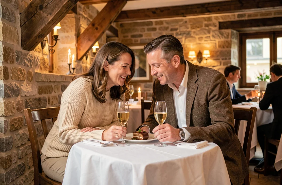 Couple d'amoureux savourant un dîner romantique dans un restaurant d'hôtel boutique pour leurs noces d'opale