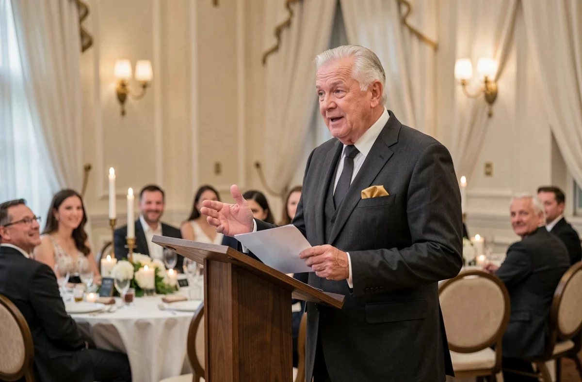 Homme prononçant un discours émouvant lors d'une cérémonie pour les 50 ans de mariage