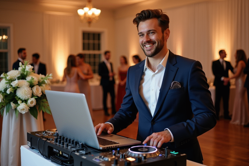 DJ souriant en costume ajusté lors d'un mariage