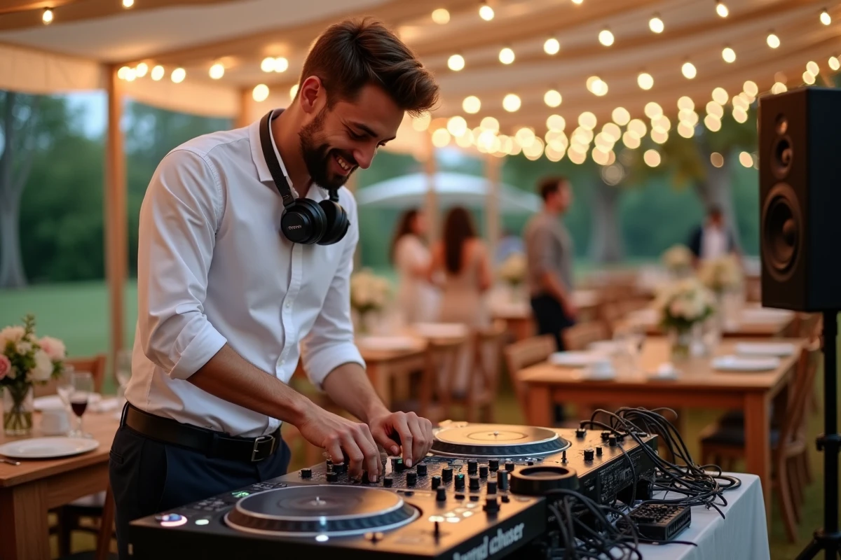 DJ professionnel en train de préparer la musique d'entrée pour un mariage en plein air sous une tonnelle décorée avec des guirlandes lumineuses