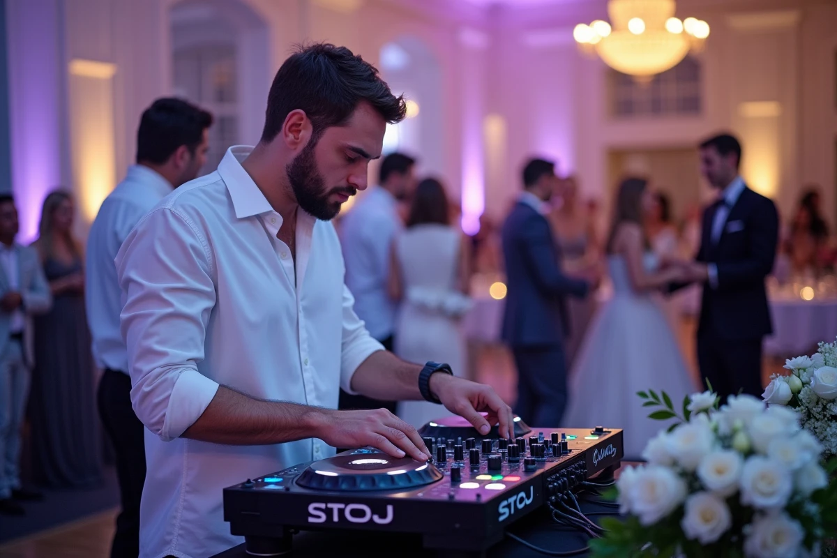 DJ professionnel animant une soirée de mariage en intérieur, console de mixage décorée de fleurs blanches et invités sur la piste de danse