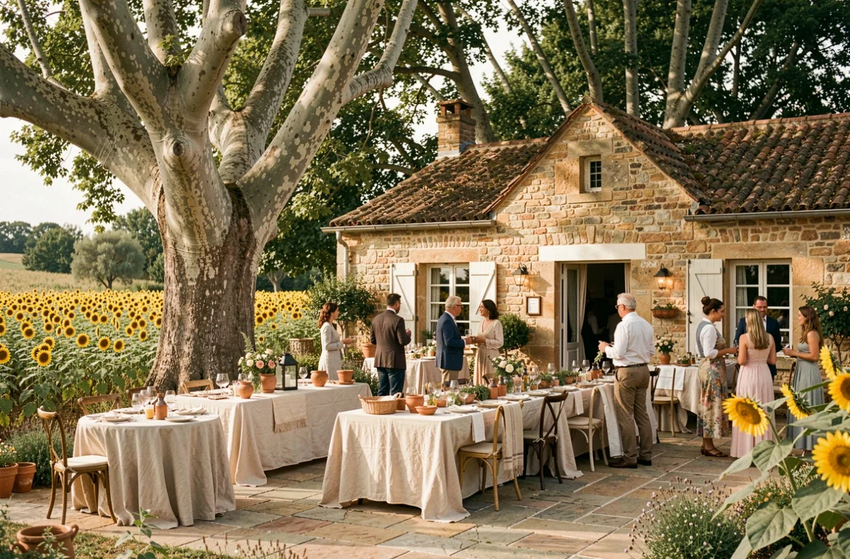 Domaine des Elies en Charente-Maritime avec réception de mariage champêtre sous les platanes et tables en lin