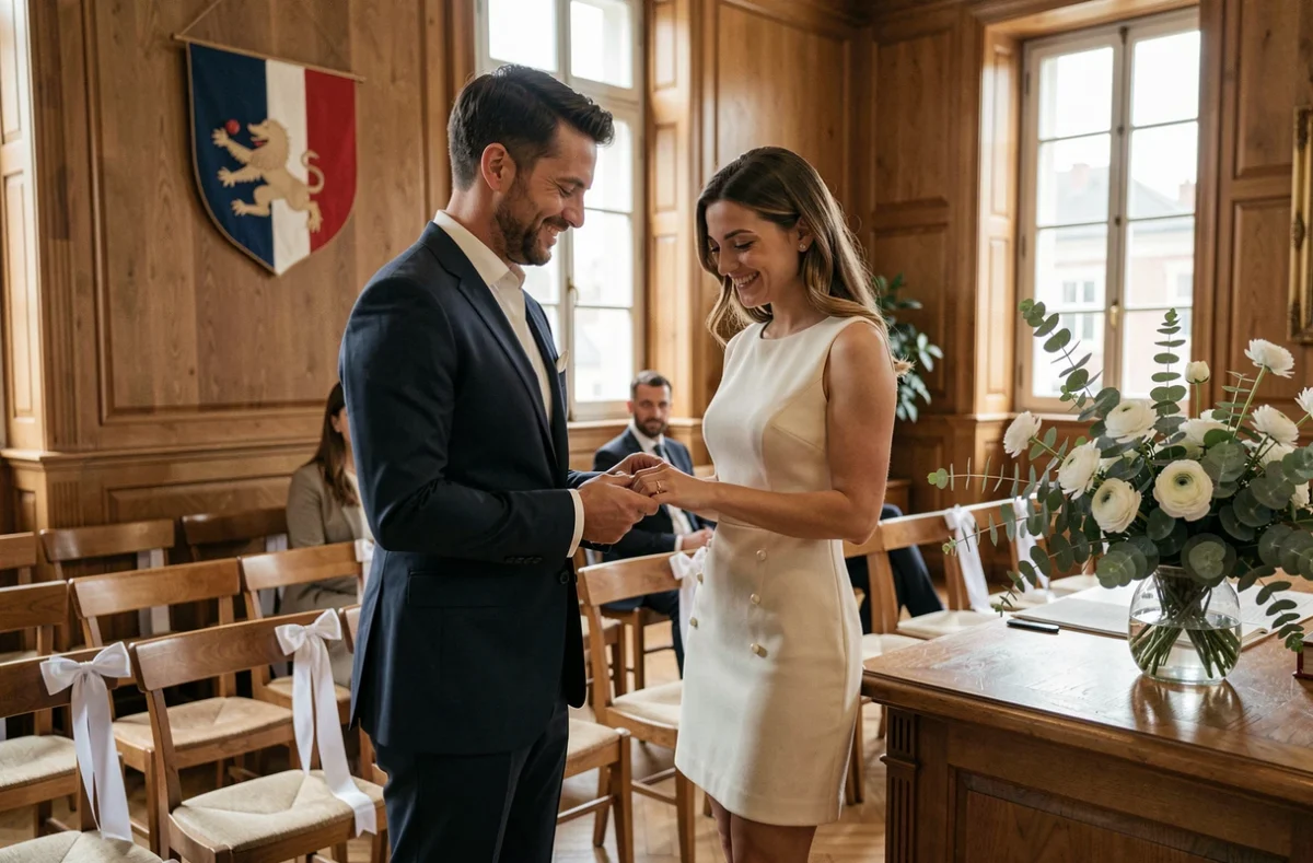 Couple échangeant les alliances lors d'un mariage civil en mairie avec décoration simple et élégante