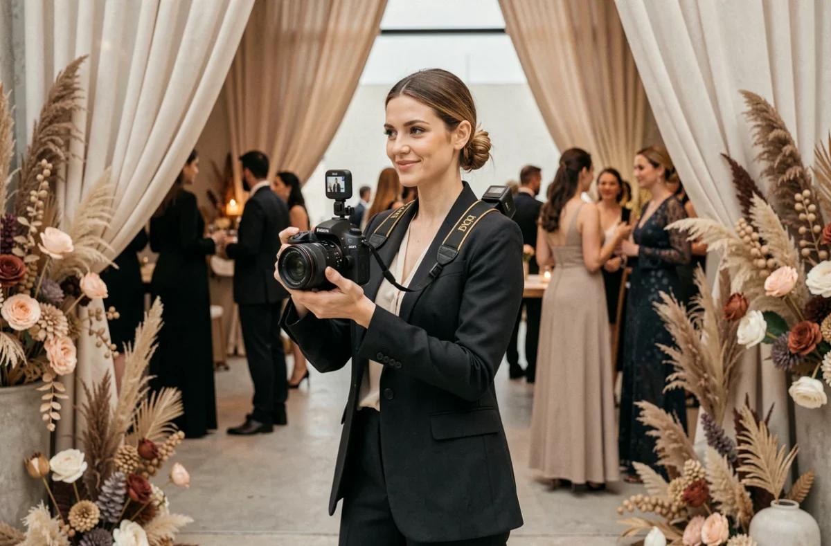 Elsa Favarcq photographe et vidéaste capturant un événement de mariage avec double équipement photo-vidéo