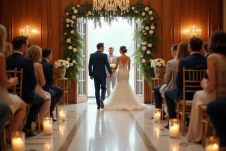 Mariés faisant leur entrée dans une salle de réception élégante décorée de fleurs blanches et de bougies lors d'une cérémonie de mariage