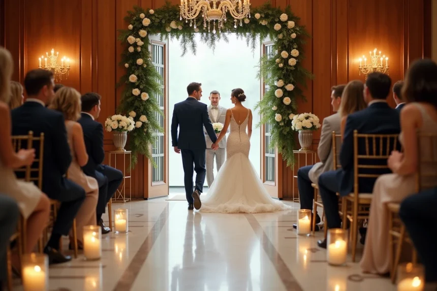 Mariés faisant leur entrée dans une salle de réception élégante décorée de fleurs blanches et de bougies lors d'une cérémonie de mariage