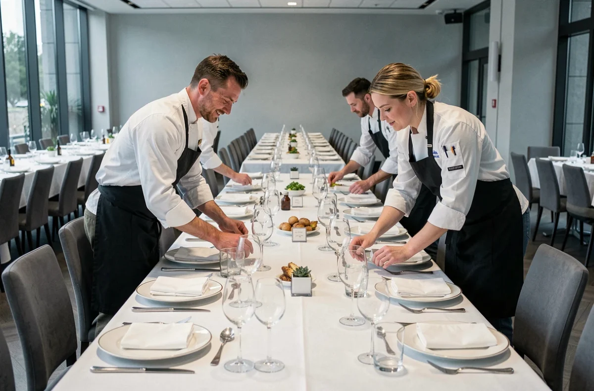 Équipe de traiteurs préparant les tables d'un banquet pour un événement de 100 personnes dans une salle moderne