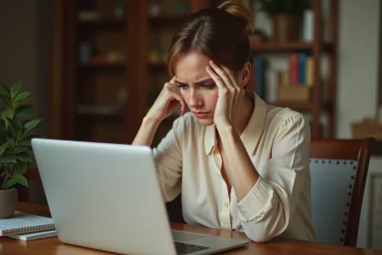 Femme frustrée consultant un site web de mariage confus sur son ordinateur portable à domicile