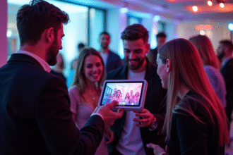 Espace événement moderne avec photo booth et invités souriants