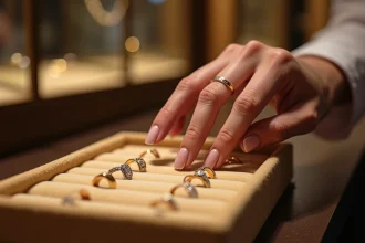 Femme essayant une bague en or dans une bijouterie, avec plusieurs bagues exposées sur un plateau en velours pour comparer les tailles