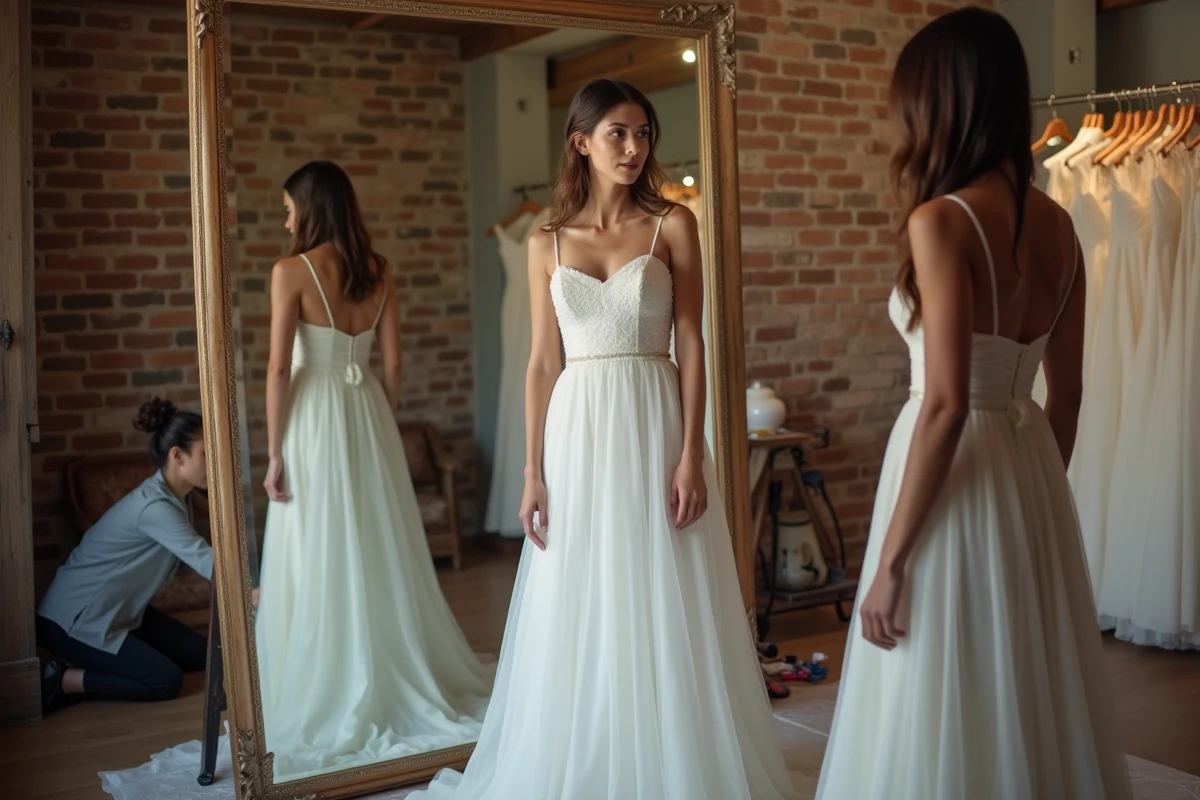 Séance d'essayage robe de mariée blanche pour petite taille devant un miroir dans un atelier de couture