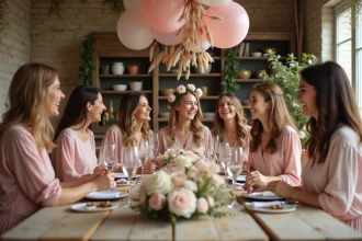 Groupe d'amies réunies autour d'une table décorée pour un enterrement de vie de jeune fille élégant et convivial