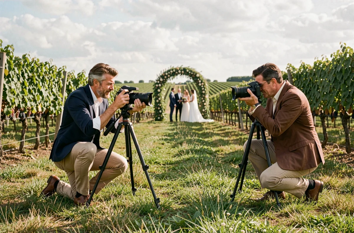 Équipe Evolved Records capturant simultanément photo et vidéo lors d'un mariage en Gironde