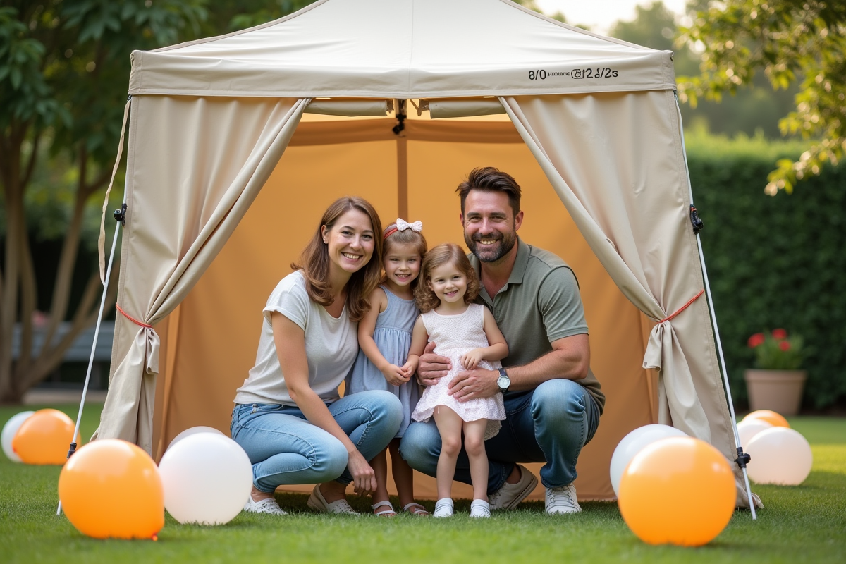 Famille avec enfants posant devant un photobooth en plein air lors d