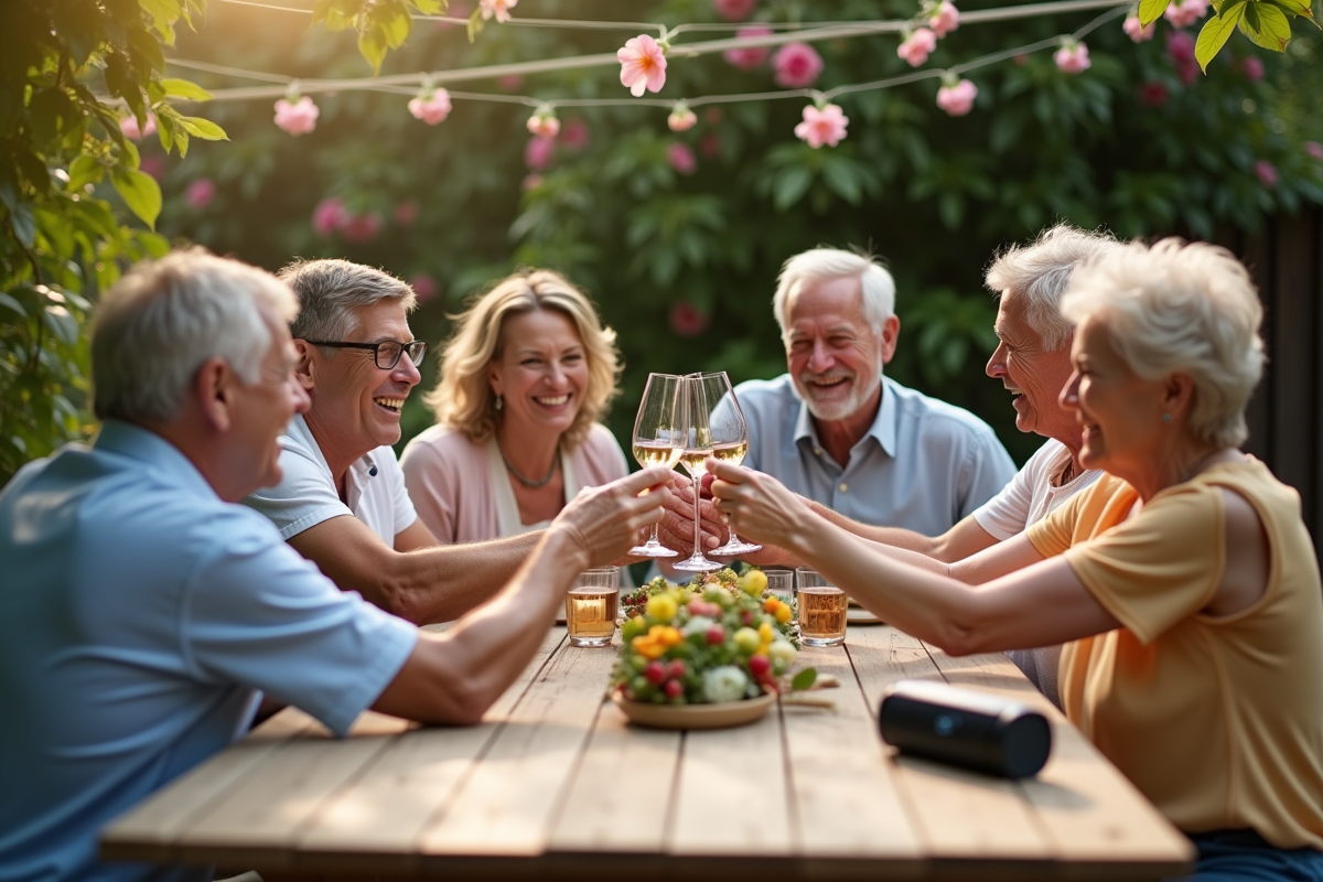 Famille diverse trinquant dans un jardin en été