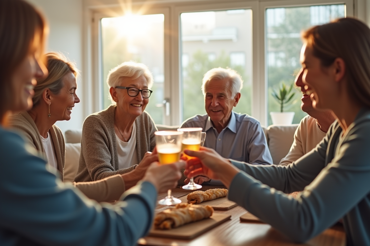 Famille et amis toastant le couple dans un salon lumineux