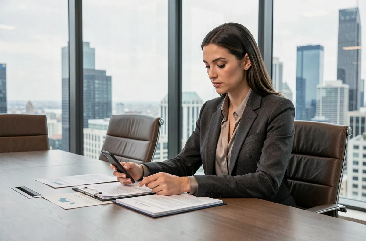 Femme d'affaires en blazer tailleur étudiant des contrats dans une salle de réunion moderne avec vue sur la ville, représentant les stratégies commerciales et médiatiques des célébrités