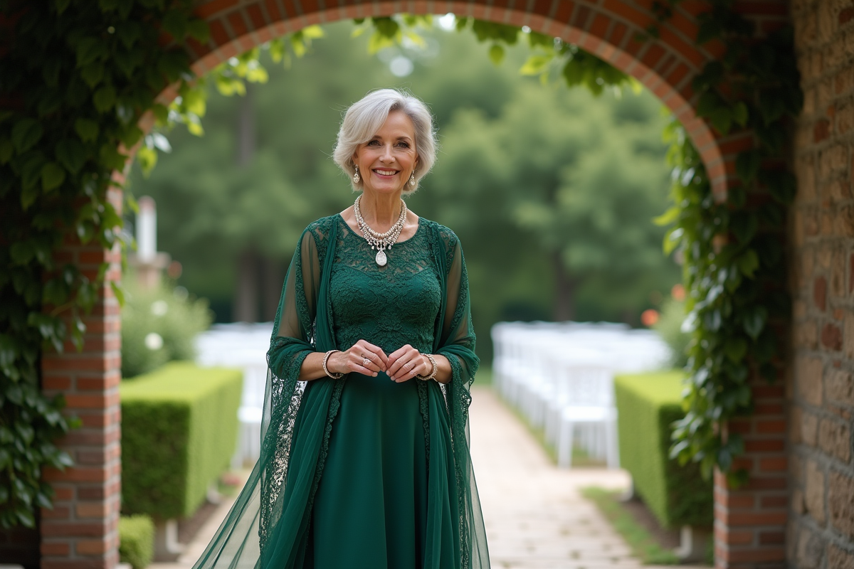 Femme en robe verte ajustant son bracelet dans un jardin fleuri
