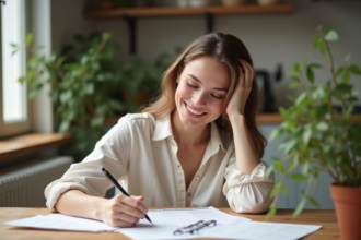 Femme écrivant une checklist dans une cuisine lumineuse