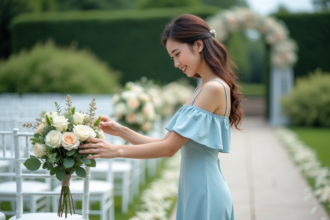 Jeune femme ajustant des fleurs sur les chaises de mariage