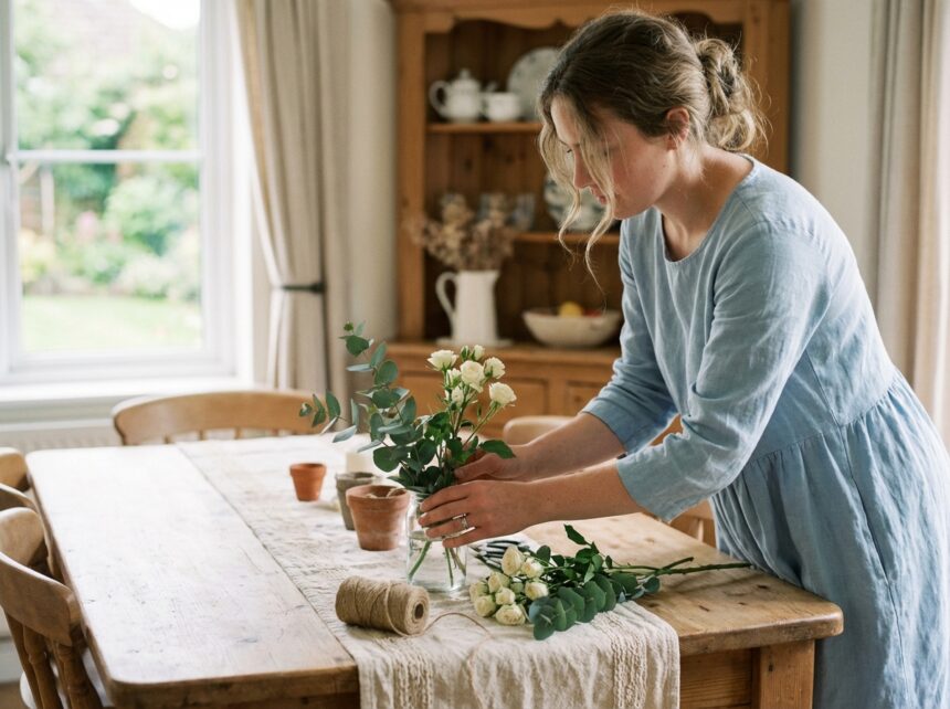 Femme arrangeant eucalyptus et fleurs blanches pour un mariage