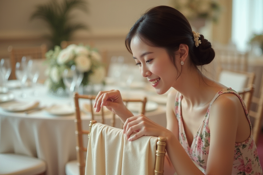 Jeune femme en robe florale ajustant une housse de chaise de mariage