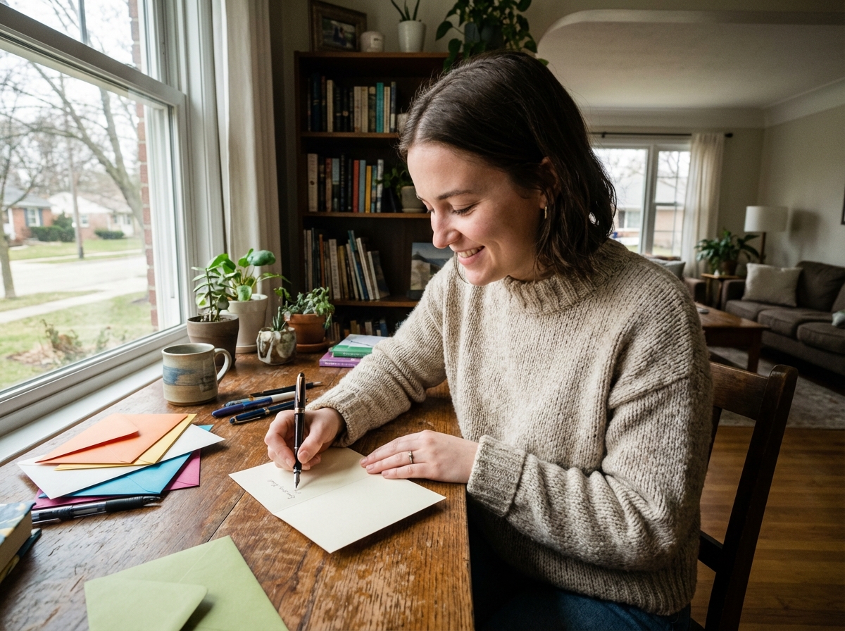 Femme écrivant une carte de vœux dans un salon lumineux