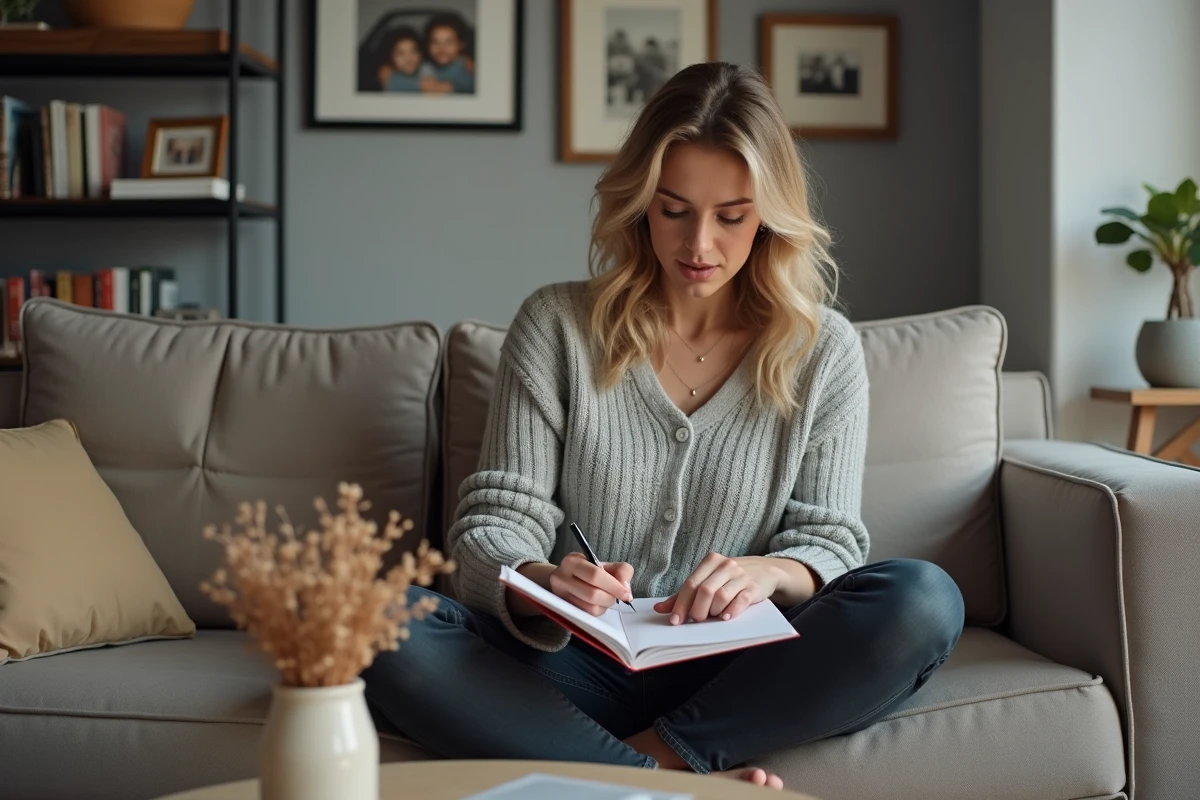 Femme écrivant un message humoristique à l'intérieur d'une carte cadeau pour un anniversaire de mariage
