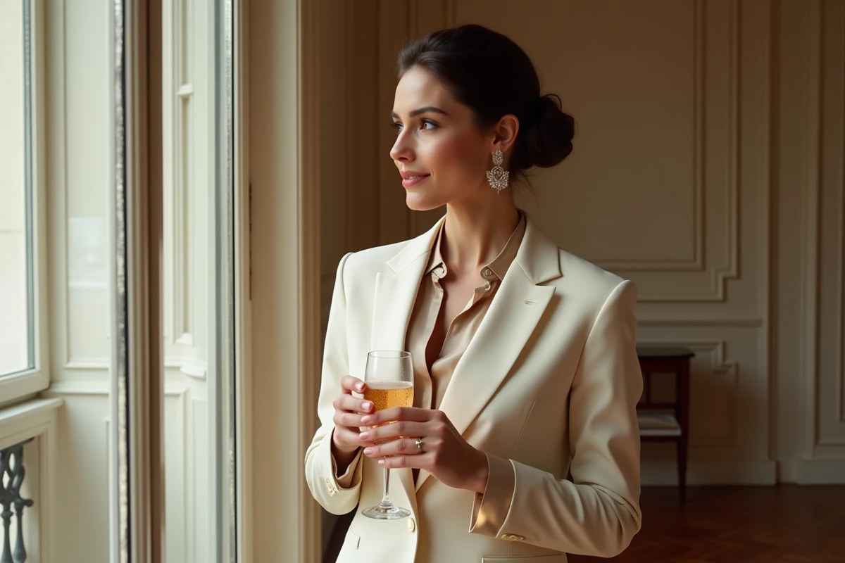 Femme élégante en blazer crème tenant une coupe de champagne dans un appartement haussmannien lors d'une occasion festive