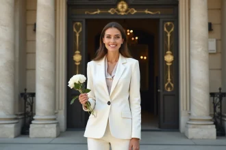 Femme élégante en costume blanc devant un hôtel de ville