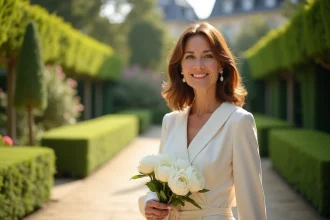 Femme élégante en robe ivoire tenant un bouquet de pivoines blanches dans un jardin parisien, évoquant une atmosphère de mariage intimiste