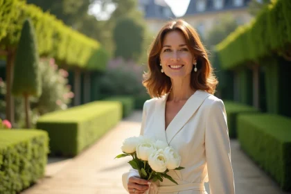 Femme élégante en robe ivoire tenant un bouquet de pivoines blanches dans un jardin parisien, évoquant une atmosphère de mariage intimiste